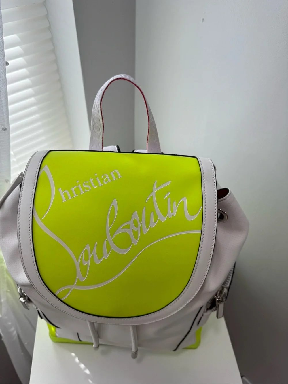 Christian Louboutin White and Neon Yellow Drawstring Backpack